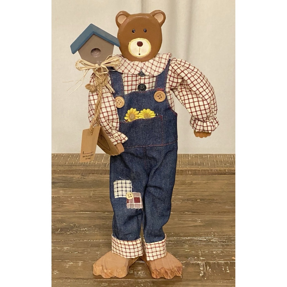 Frieda Friendship Bear 15" Wood Grizzly Mimi Doll in Overalls w/ Bird House USA